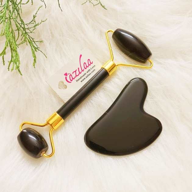 Natural Black obsidian roller and Gua sha set 