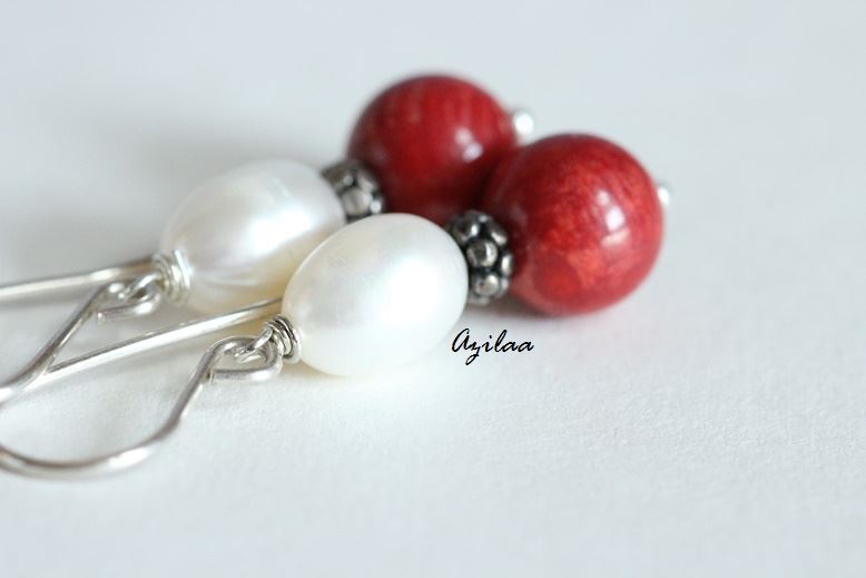 Natural pearl red coral sterling silver handmade earings