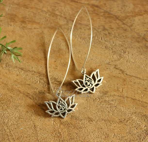 OM lotus charm silver Long  dangler earrings