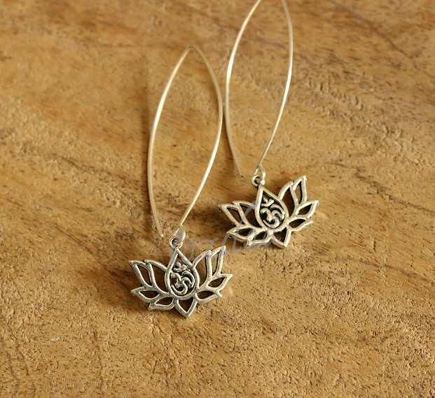 OM lotus charm silver Long  dangler earrings