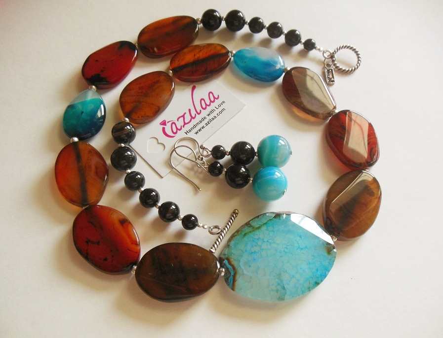 OOAK Blue brown agate onyx gemstone beaded handmade necklace set