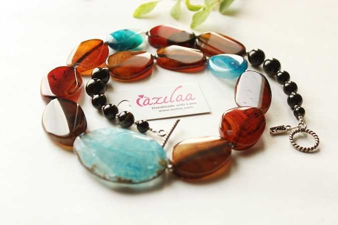 OOAK Blue brown agate onyx gemstone beaded handmade necklace set