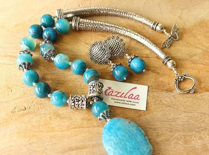OOAK Blue gemstone beaded handmade necklace set
