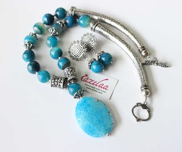 OOAK Blue gemstone beaded handmade necklace set