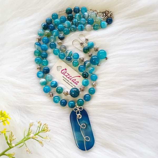 OOAK Blue gemstone beaded handmade necklace set
