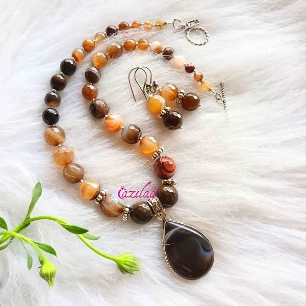 OOAK Brown agate gemstone beaded necklace set