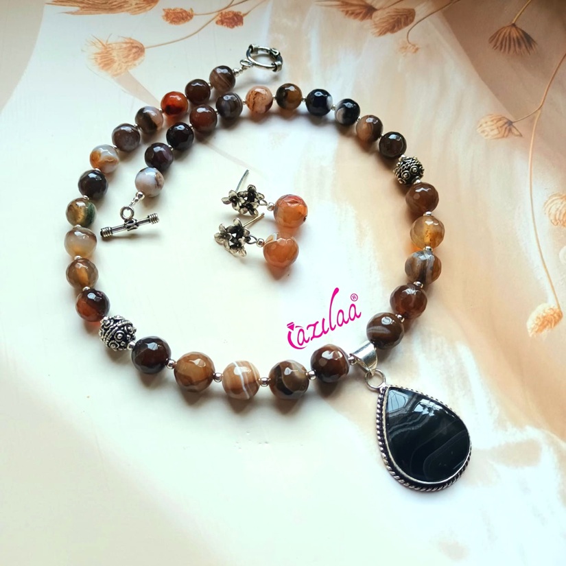 OOAK Brown agate gemstone beaded necklace set