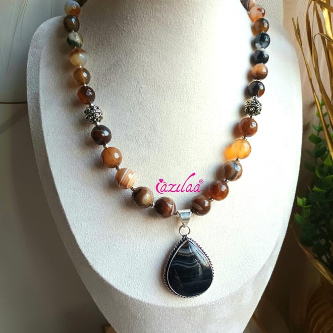 OOAK Brown agate gemstone beaded necklace set