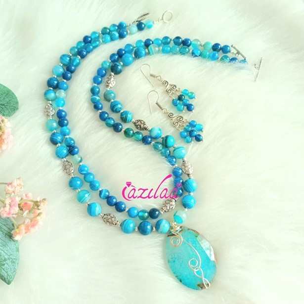 OOAK  Island Blue gemstone beaded handmade necklace set