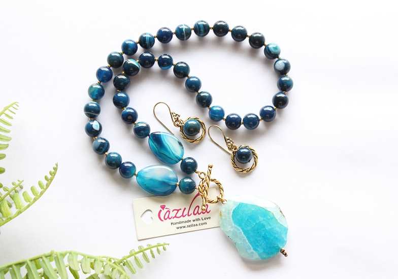 OOAK Island necklace earrings set antique gold tone