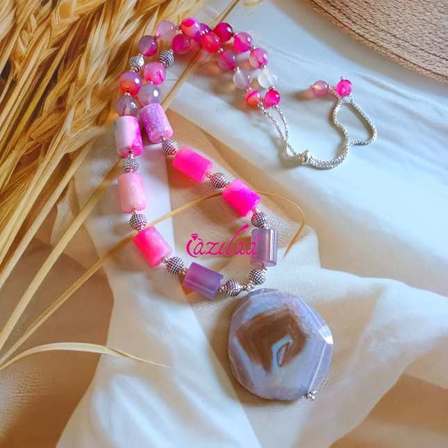 OOAK Pink agate gemstone pendant necklace set