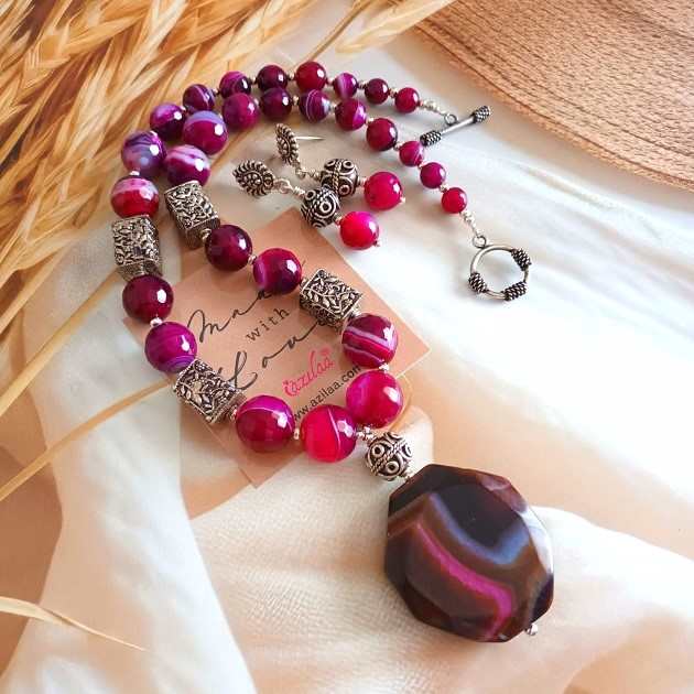 OOAK Pink agate gemstone pendant necklace set
