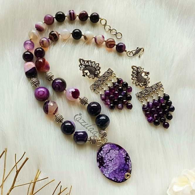 OOAK Purple necklace and earring sets, Designer gemstone necklace