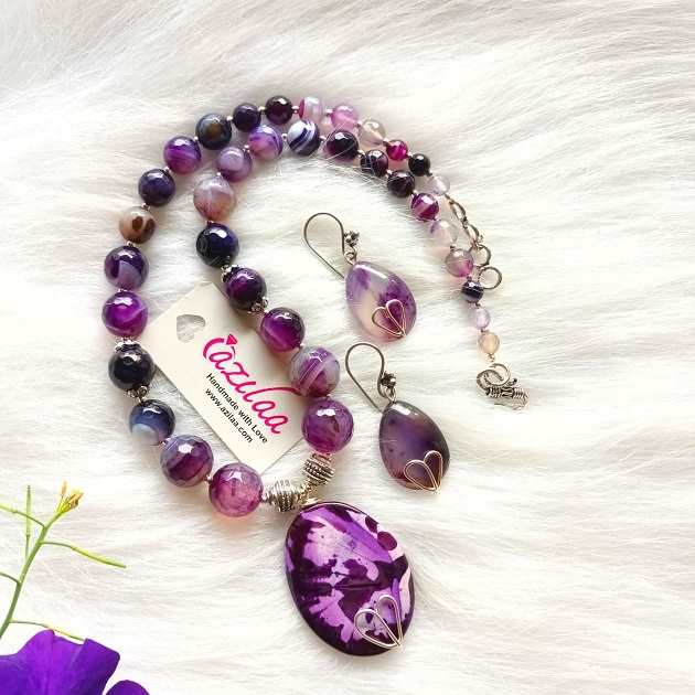 OOAK Purple necklace and earring sets, Designer gemstone necklace