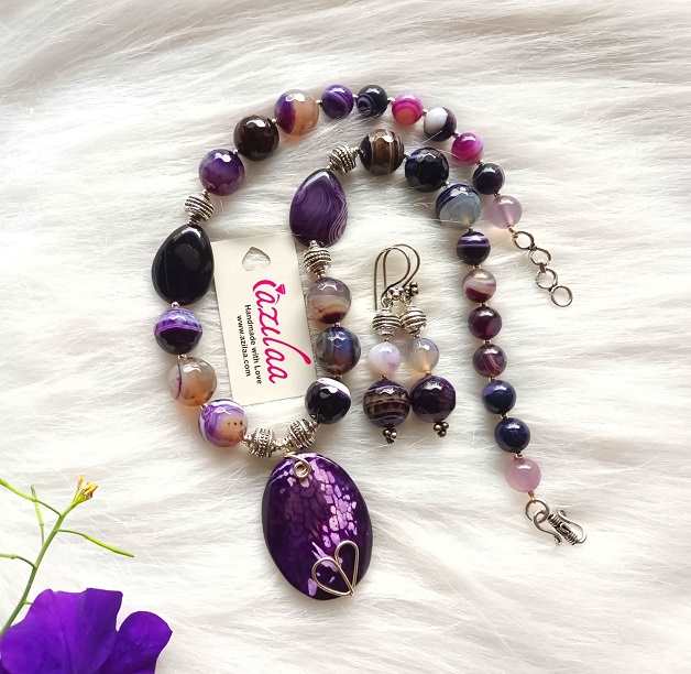 OOAK Purple necklace and earring sets, Designer gemstone necklace