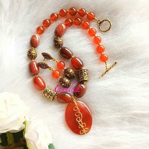 OOAK Red agate carnelian gemstone necklace set
