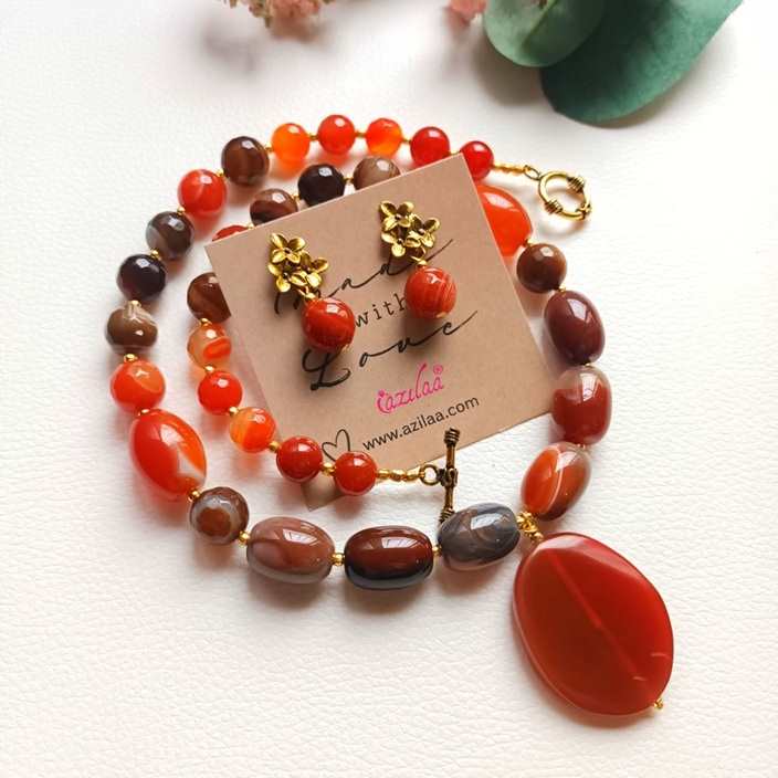 OOAK Red agate gemstone golden necklace set