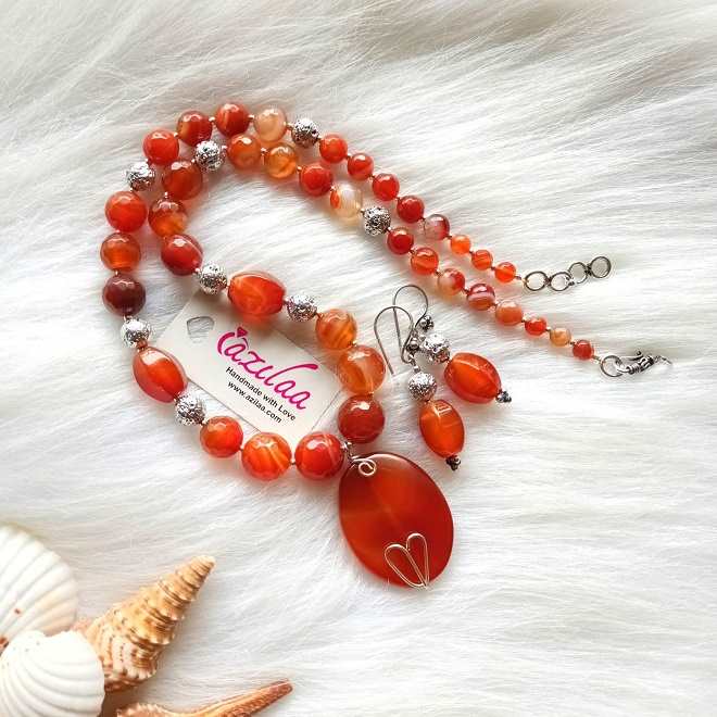OOAK Red agate shaded gemstone necklace set