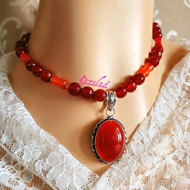 OOAK Red agate shaded gemstone pendant necklace set