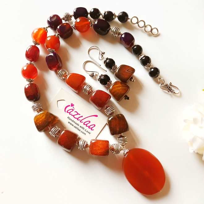 OOAK Red brown shaded gemstone necklace set