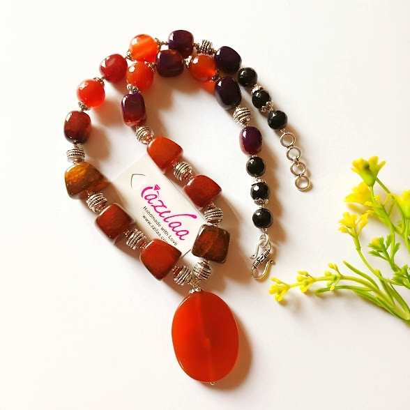 OOAK Red brown shaded gemstone necklace set