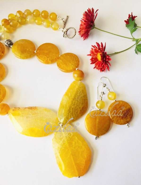 OOAK Statement yellow designer gemstone beaded necklace set