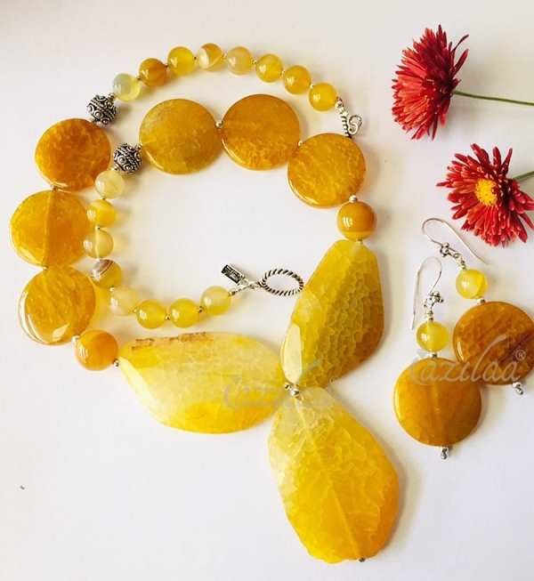 OOAK Statement yellow designer gemstone beaded necklace set