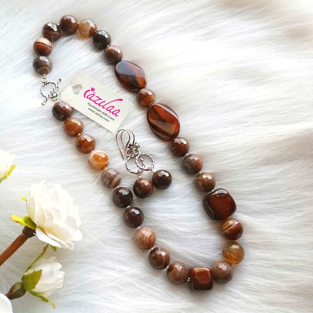 OOAK brown agate gemstone beaded necklace set