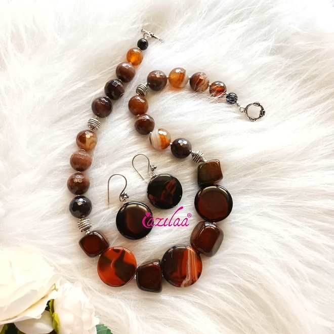 OOAK brown agate gemstone beaded necklace set