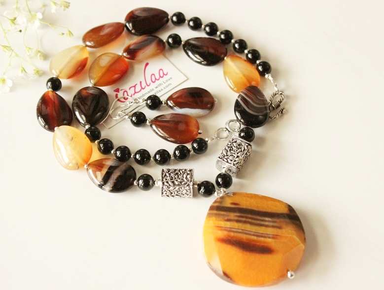 OOAK brown black yellow gemstone beaded necklace earrings set