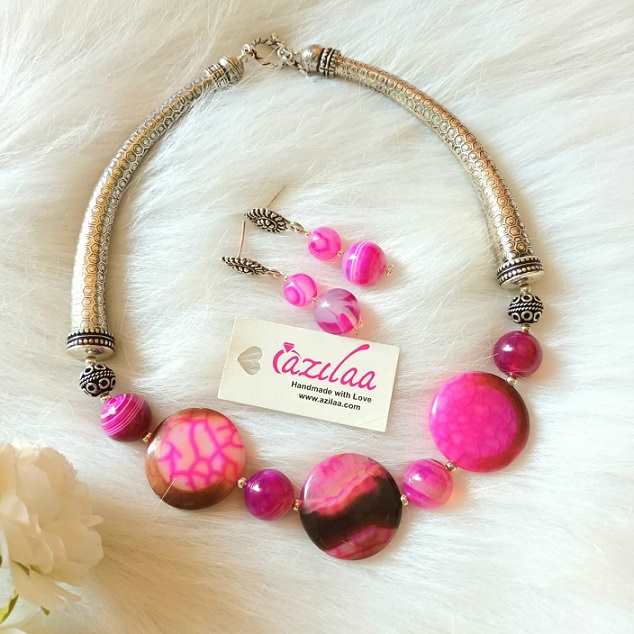 OOAK pink disk agate gemstone beaded necklace set 