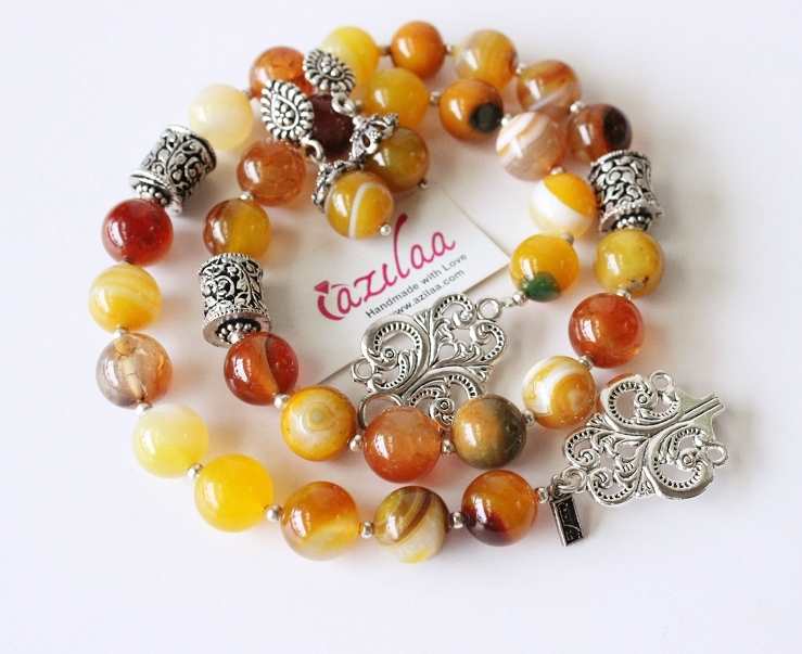 OOAK yellow brown gemstone beaded handmade necklace set