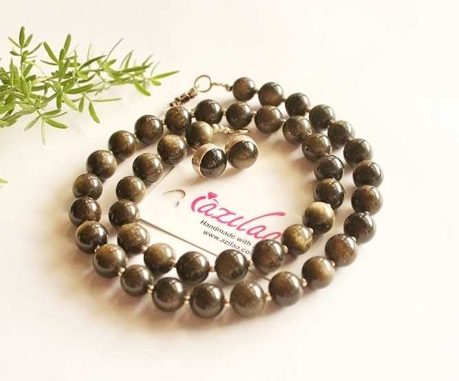 Obsidian healing gemstone beaded necklace silver stud set