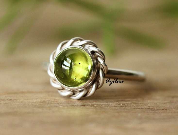 Olive green natural peridot birthstone silver gemstone ring