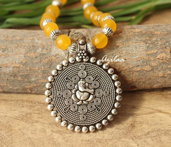 Orange Ganesha gemstone artisan handmade necklace set