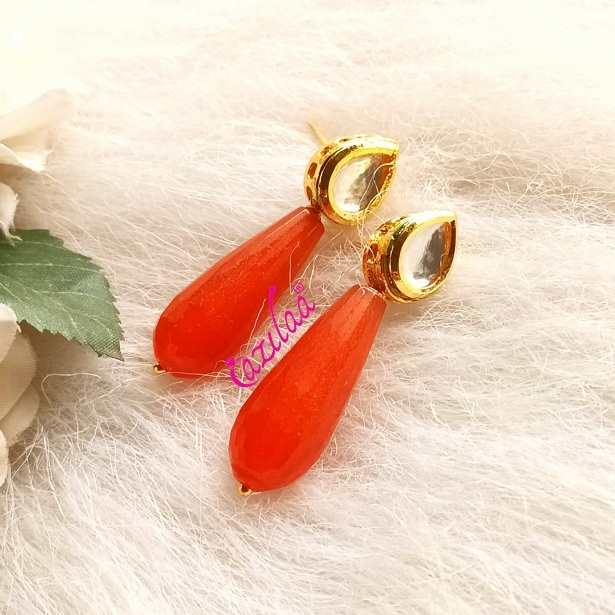 Orange Golden kundan drop gemstone earrings