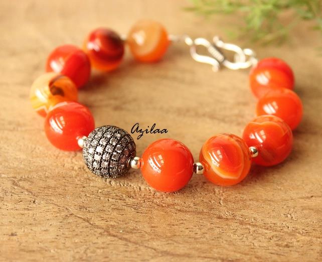 Orange Onyx gemstone CZ beaded handmade silver bracelet