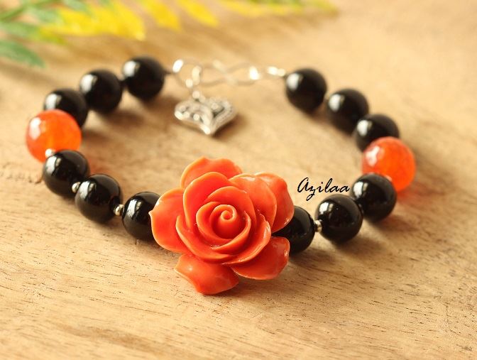 Orange Rose Black onyx gemstone beaded handmade bracelet