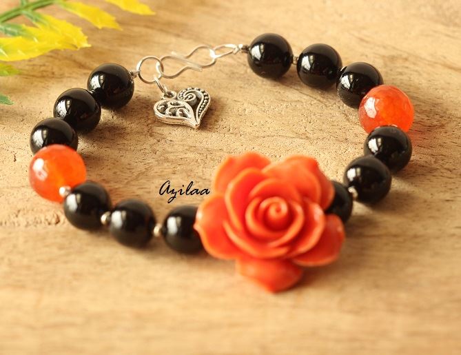 Orange Rose Black onyx gemstone beaded handmade bracelet