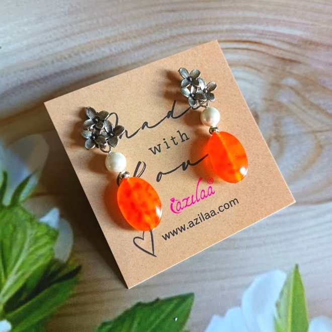 Orange drop gemstone antique silver tone earrings
