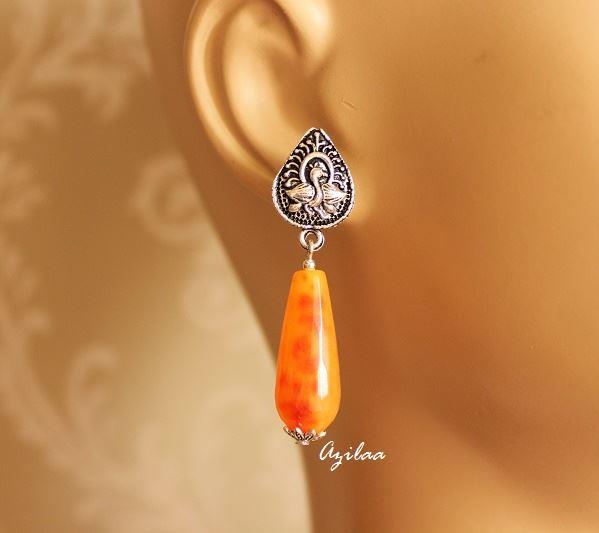 Orange drop silvertone gemstone handmade earrings