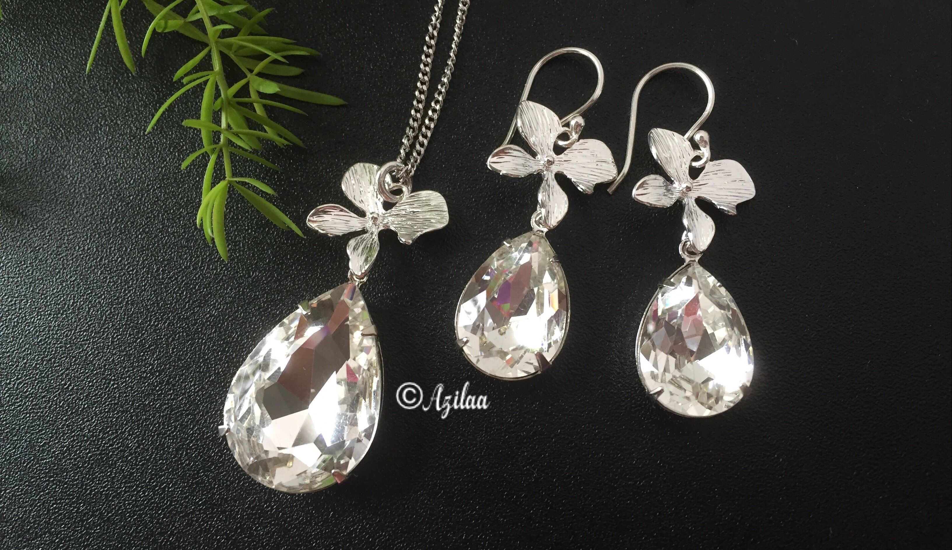 Orchid Flower Designer Crystal Pendant Necklace SET