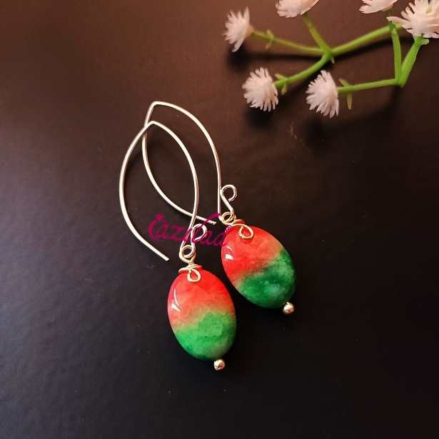 Oval Gemstone bead dangler silver earrings