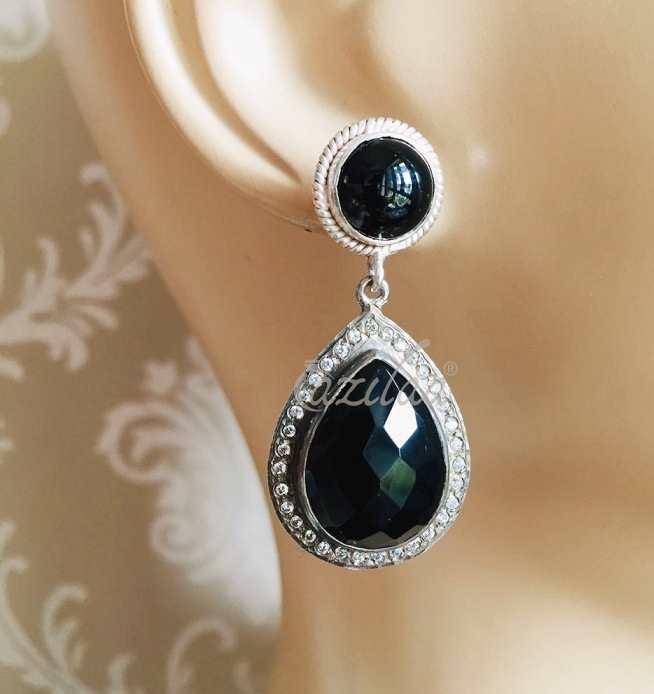 Oxidized Black onyx zircon gemstone sterling silver earrings