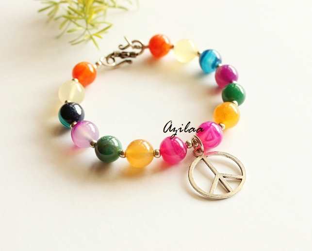 PEACE charm Multi agate gemstone beaded  silver Bracelet