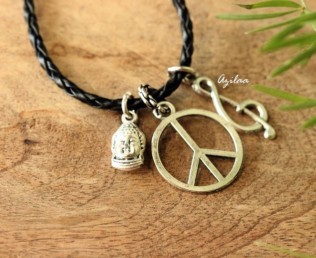 PEACE buddha charm silver pendant with cord necklace for men