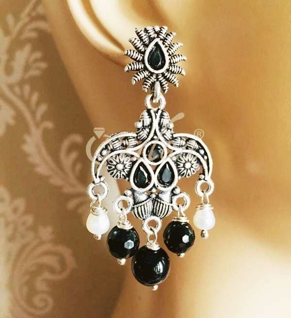  PEARL Black onyx gemstone oxidized silver plated earrings