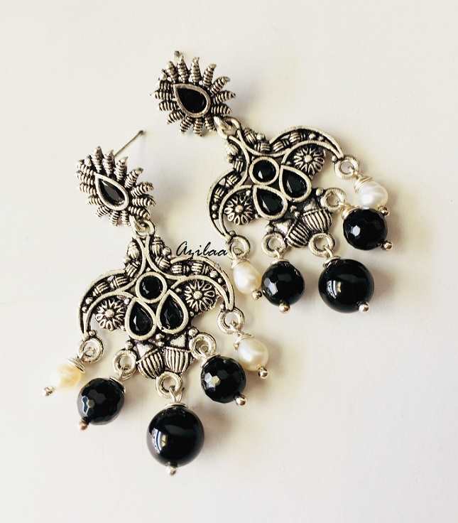  PEARL Black onyx gemstone oxidized silver plated earrings