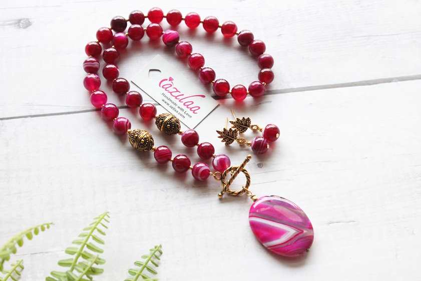 PINK agate necklace earrings set antique gold tone