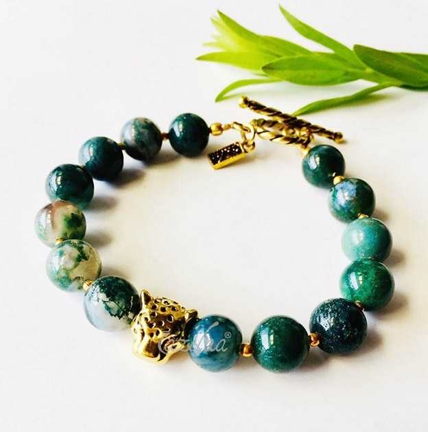Panther charm Green Moss agate healing gemstone beaded Bracelet
